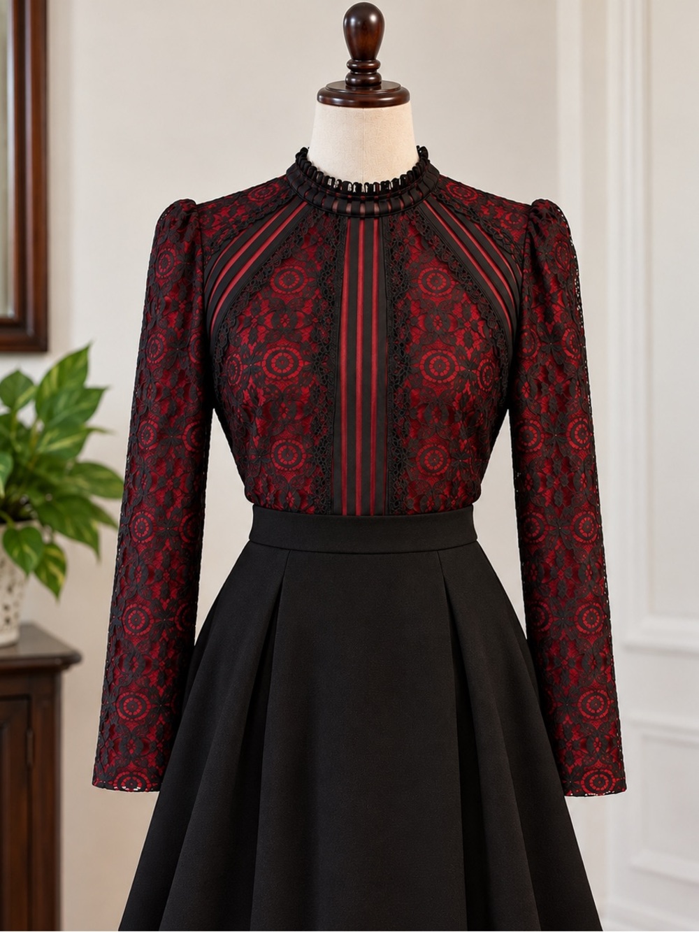 Seifert Dress Red Black Floral Lace Blouse Romantic Goth Victorian Size L